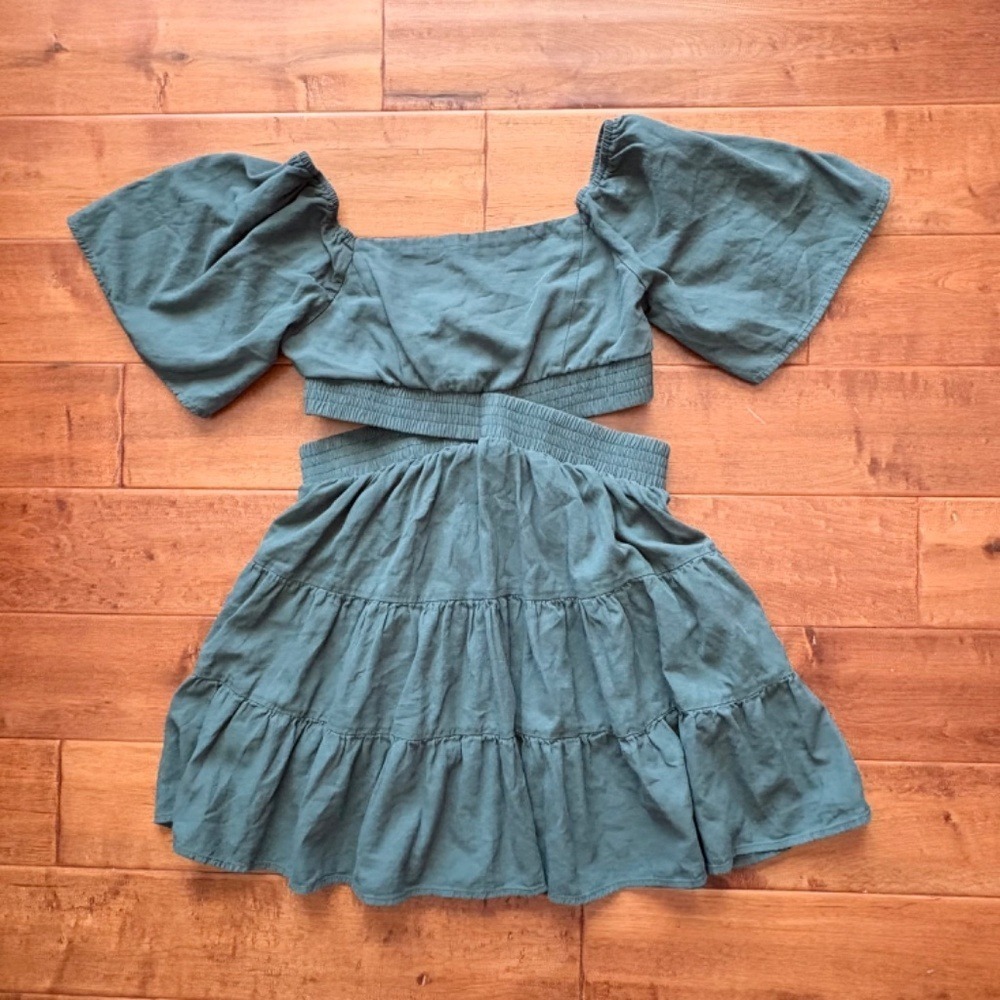 Shy Velvet Cutout Mini Dress‎ Puff Sleeve Women M Teal Green